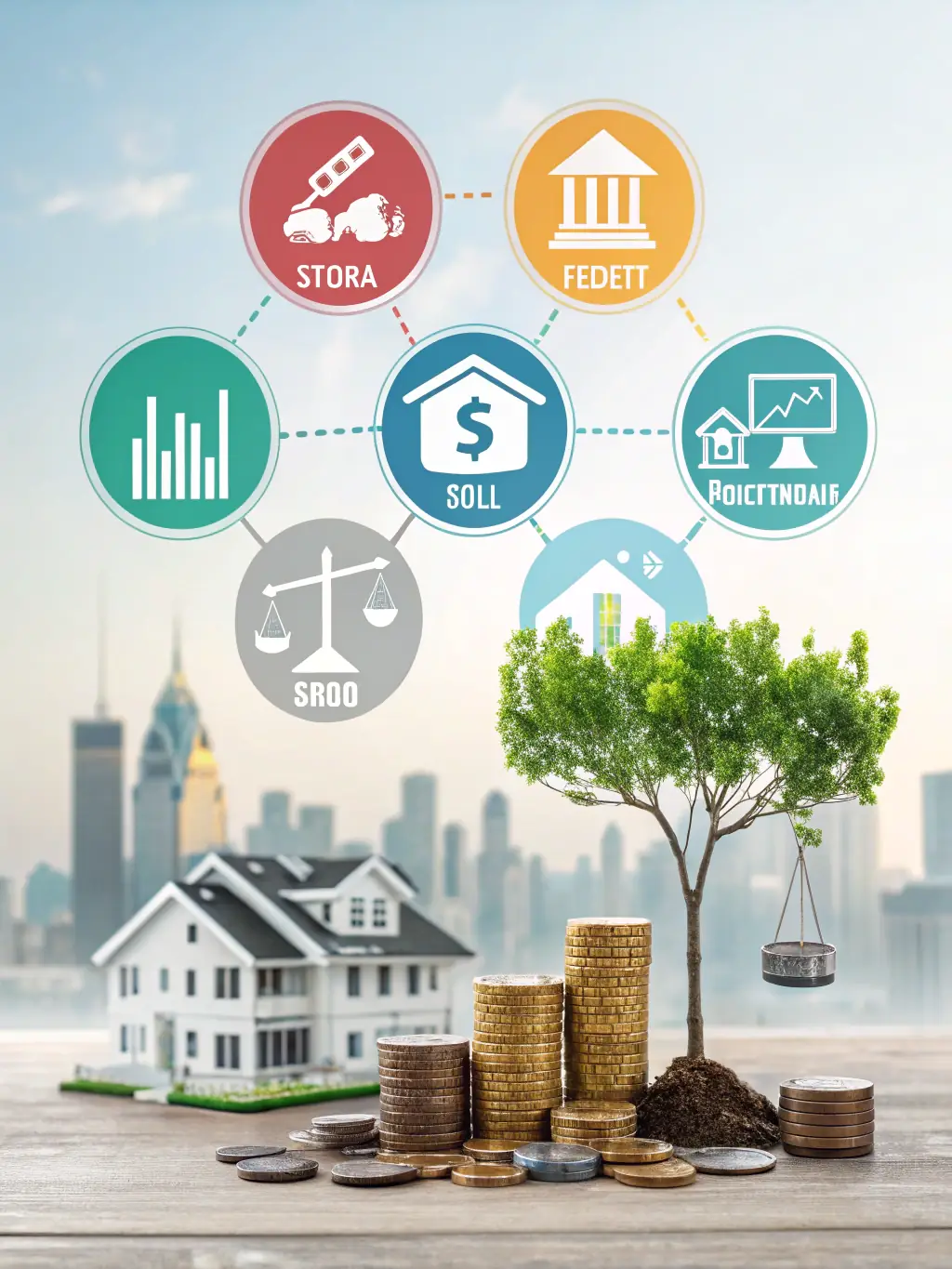 A diverse portfolio of investments, including stocks, bonds, and property, displayed on a digital screen, illustrating the concept of diversification and risk management.