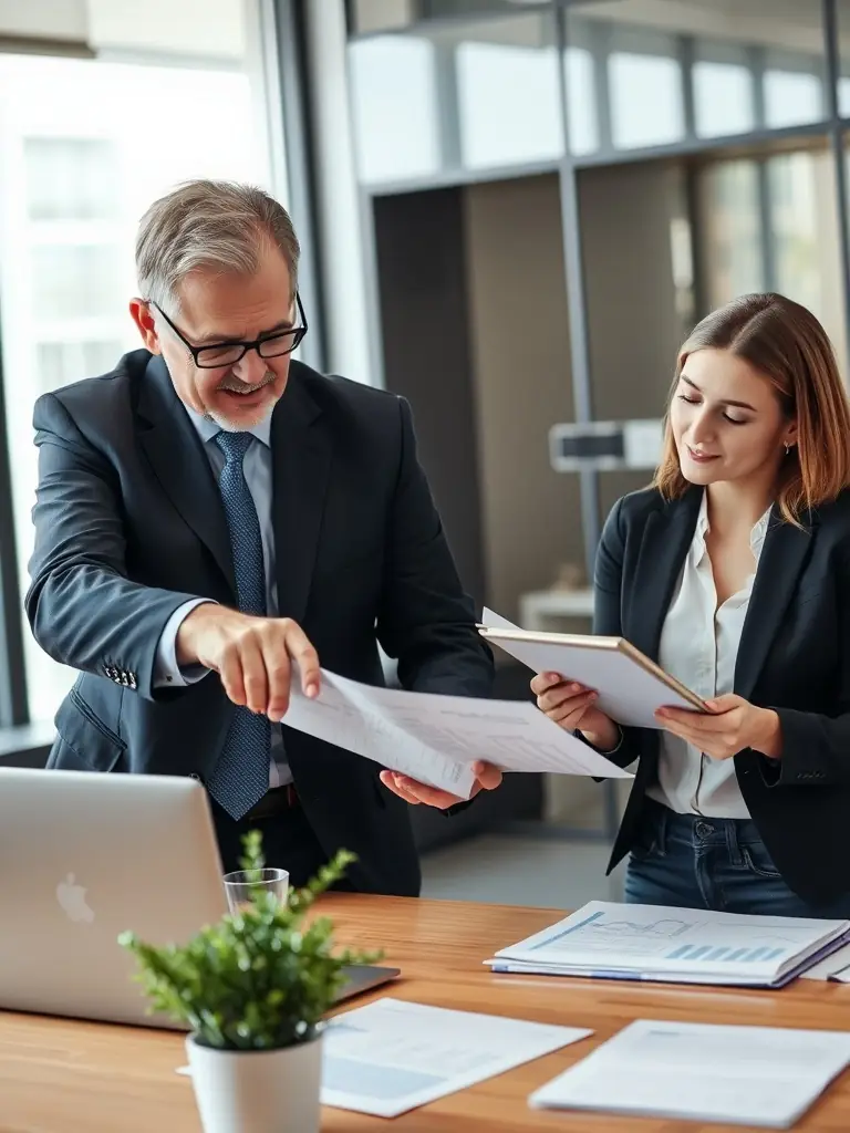A professional financial advisor explaining investment options to a client in a modern office setting, emphasizing trust and expertise.