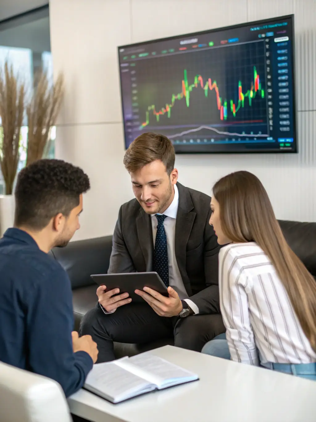 A modern office setting with financial advisors collaborating on retirement plans, using technology and data analysis to optimise investment strategies and provide personalised advice.
