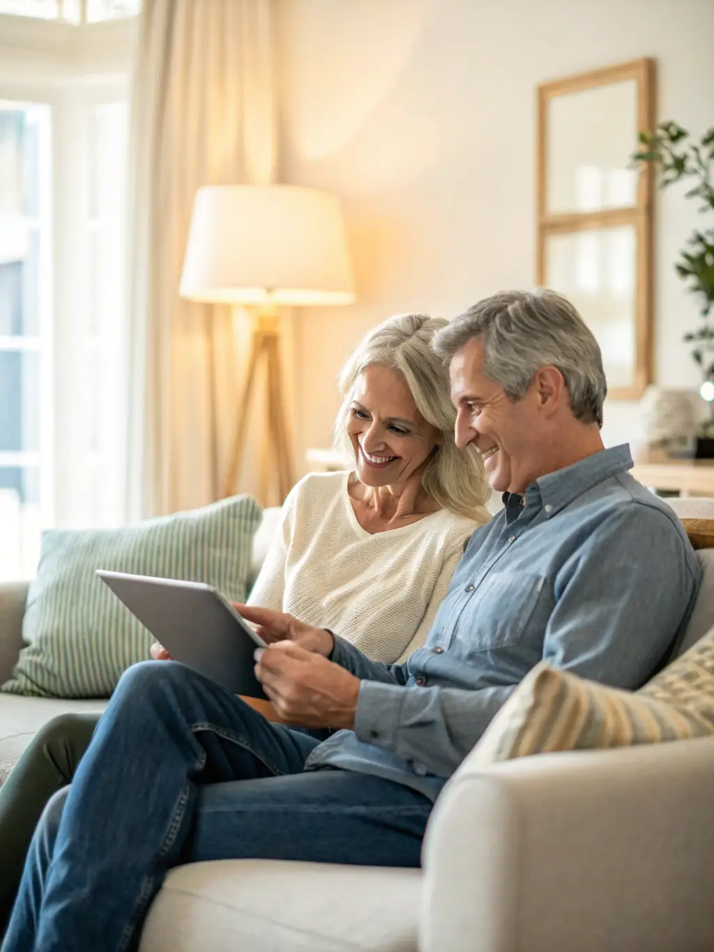 A photograph of a senior couple smiling and relaxed, sitting in their garden, reviewing their retirement plan on a tablet with a financial advisor present, symbolising a secure and enjoyable retirement.