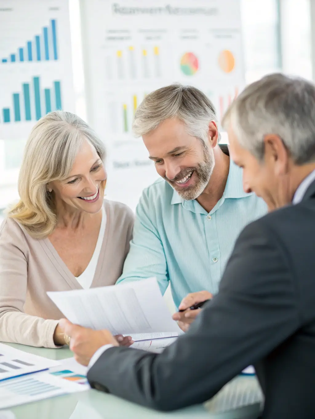 A professional advisor in a suit, sitting across a table from a retired couple, reviewing financial documents and discussing their retirement plan, with a focus on long-term financial security.